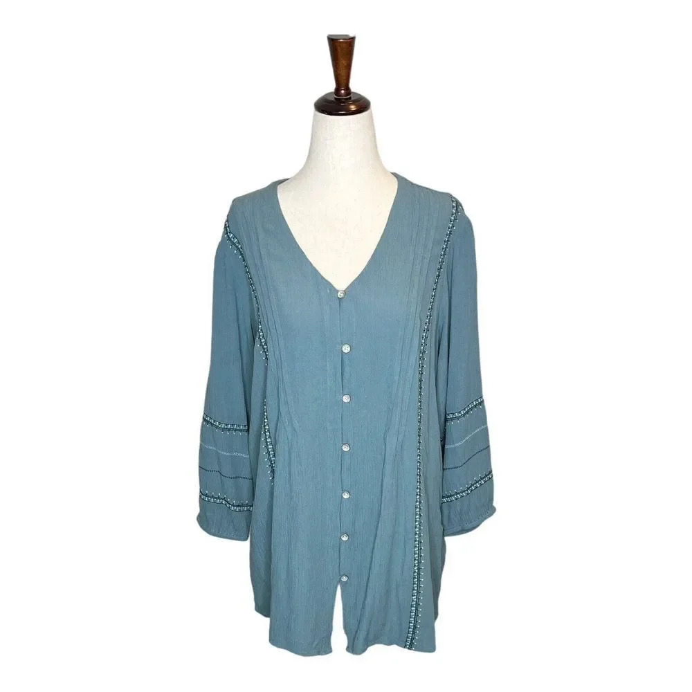 J Jill Embroidery Top Blouse Peasant Button Long Sleeve Medium Pleats Teal